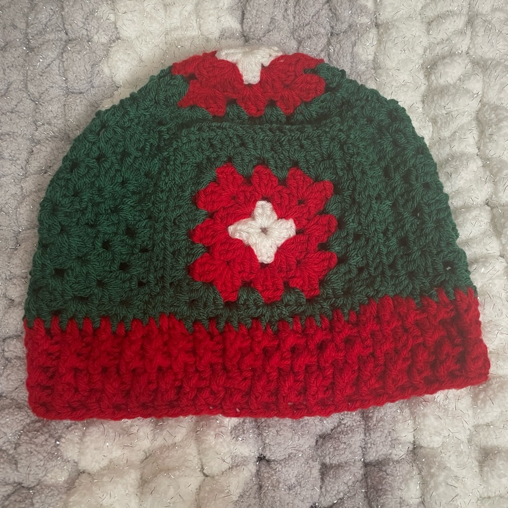 Handmade holiday granny square red green beanie crochet hat